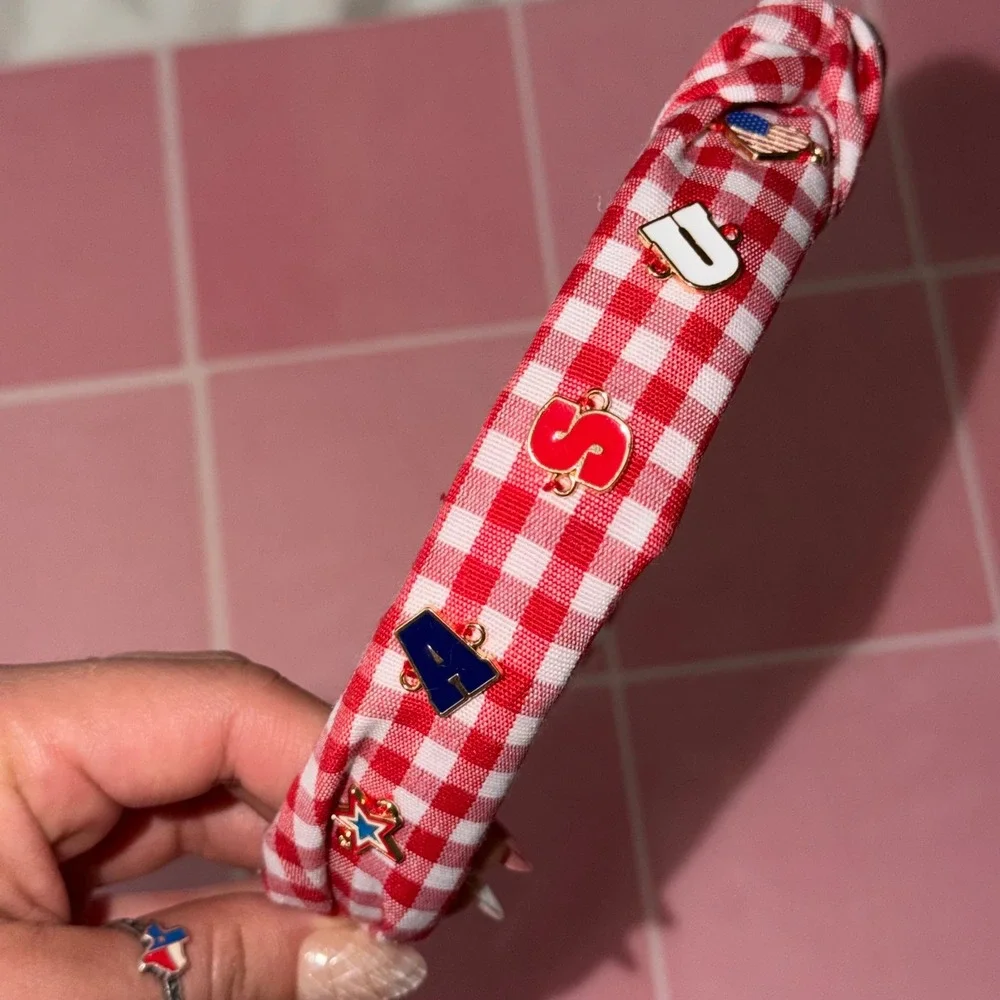 Red White Gingham Knotted USA Patriotic Enamel Charm Headband Americana Summer